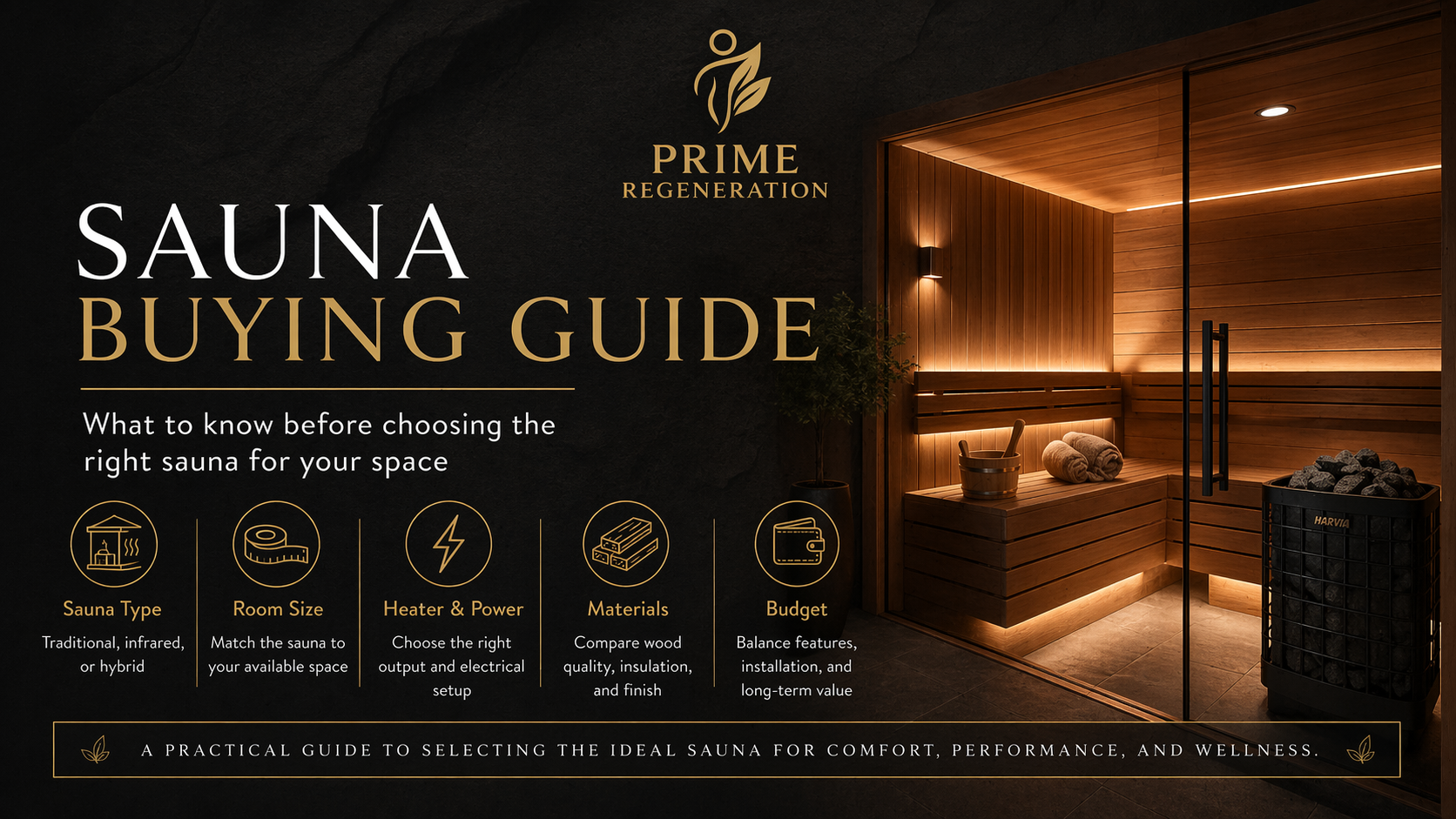 Sauna buying guide infographic covering sauna type, room size, heater and power, materials, and budget - Prime Regeneration home sauna guide