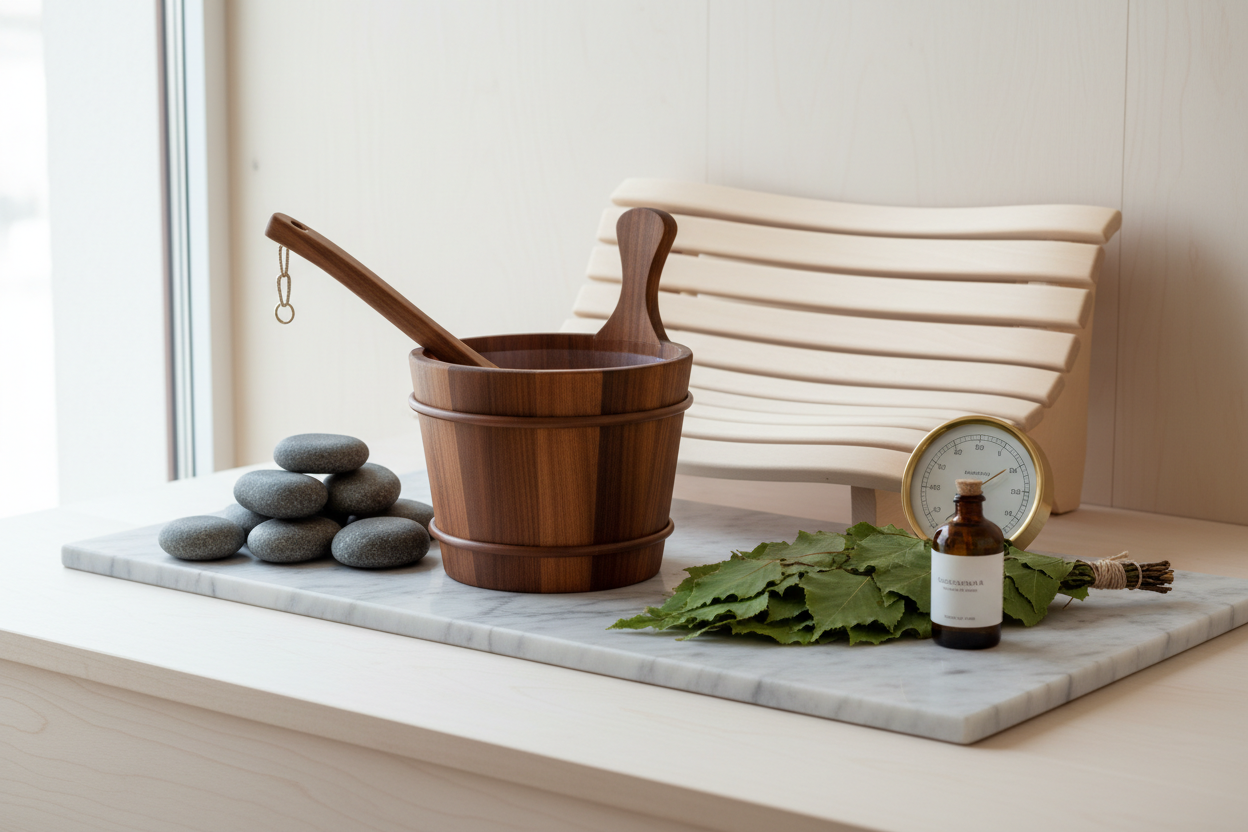 Essential sauna accessories including wooden bucket, ladle, backrest, sauna stones, birch whisk, thermometer, and essential oil - Prime Regeneration sauna accessory guide