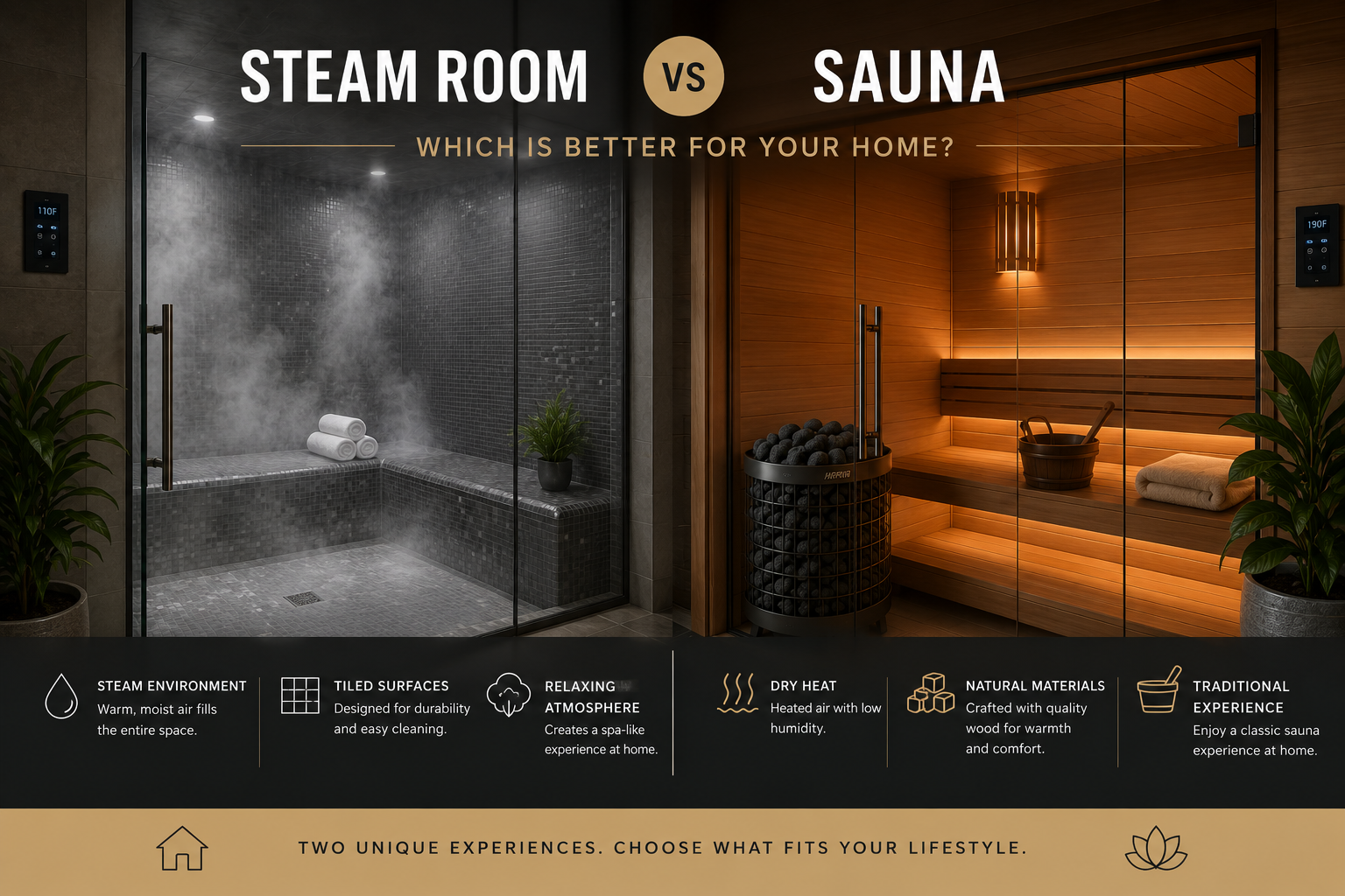 Split image comparing a luxury steam shower and an infrared sauna — home wellness options