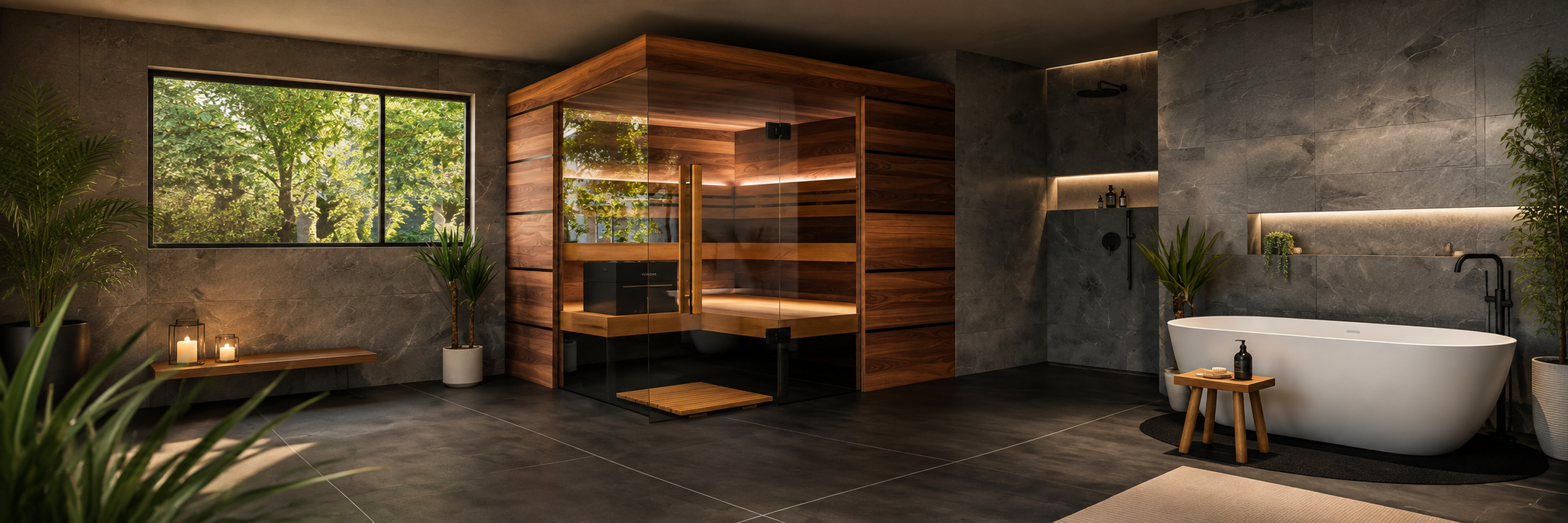 Modern room with a glass-enclosed ThermaSol-Aalto sauna, wooden table, and striped rug.