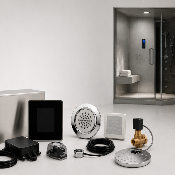 steam shower components with a steam shower in the background.
