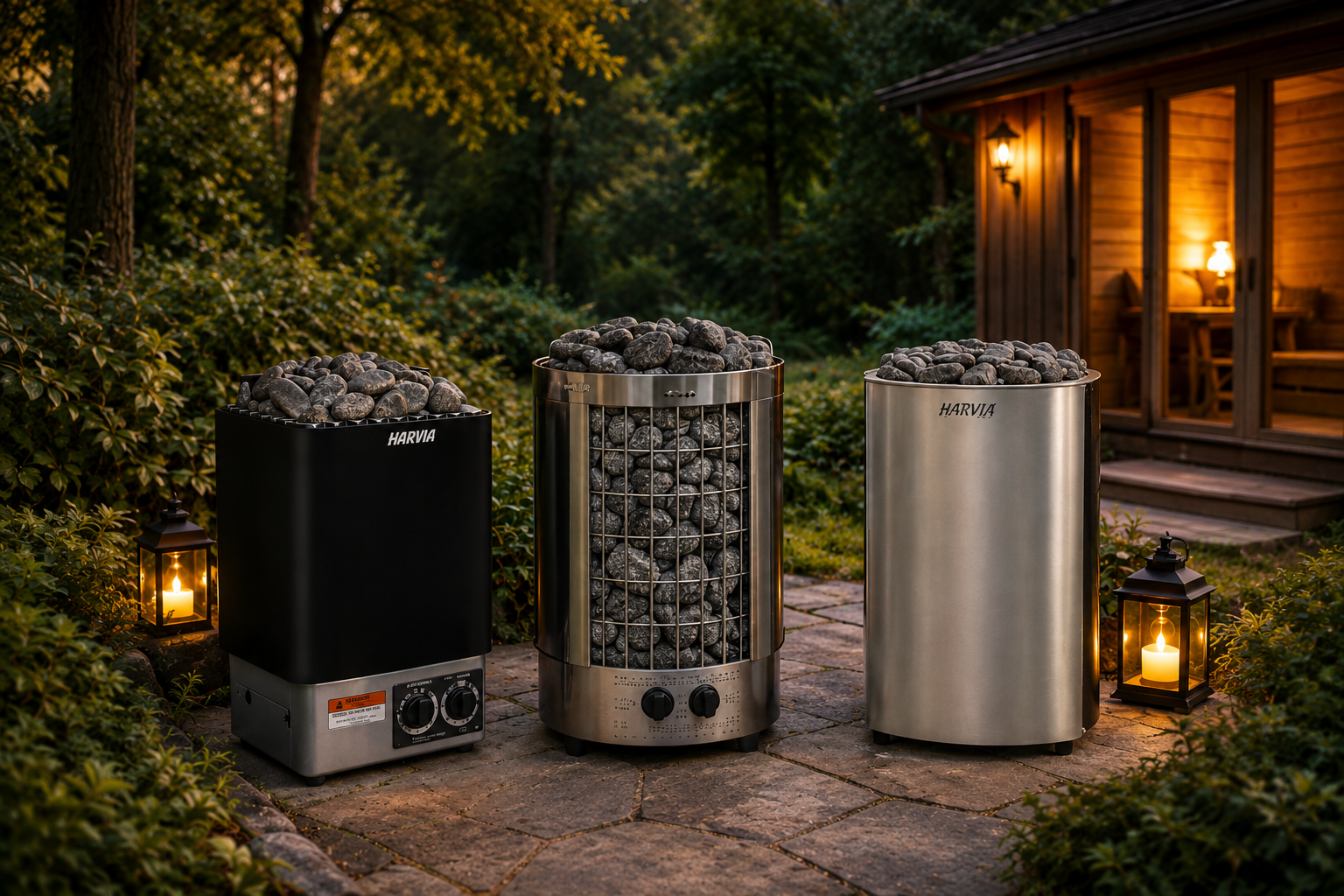 Three sauna heaters side by side in an outdoor setting