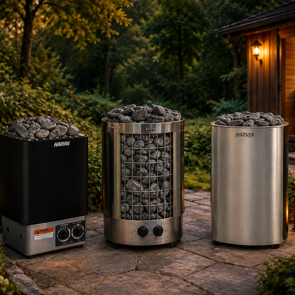 Three sauna heaters side by side in an outdoor setting