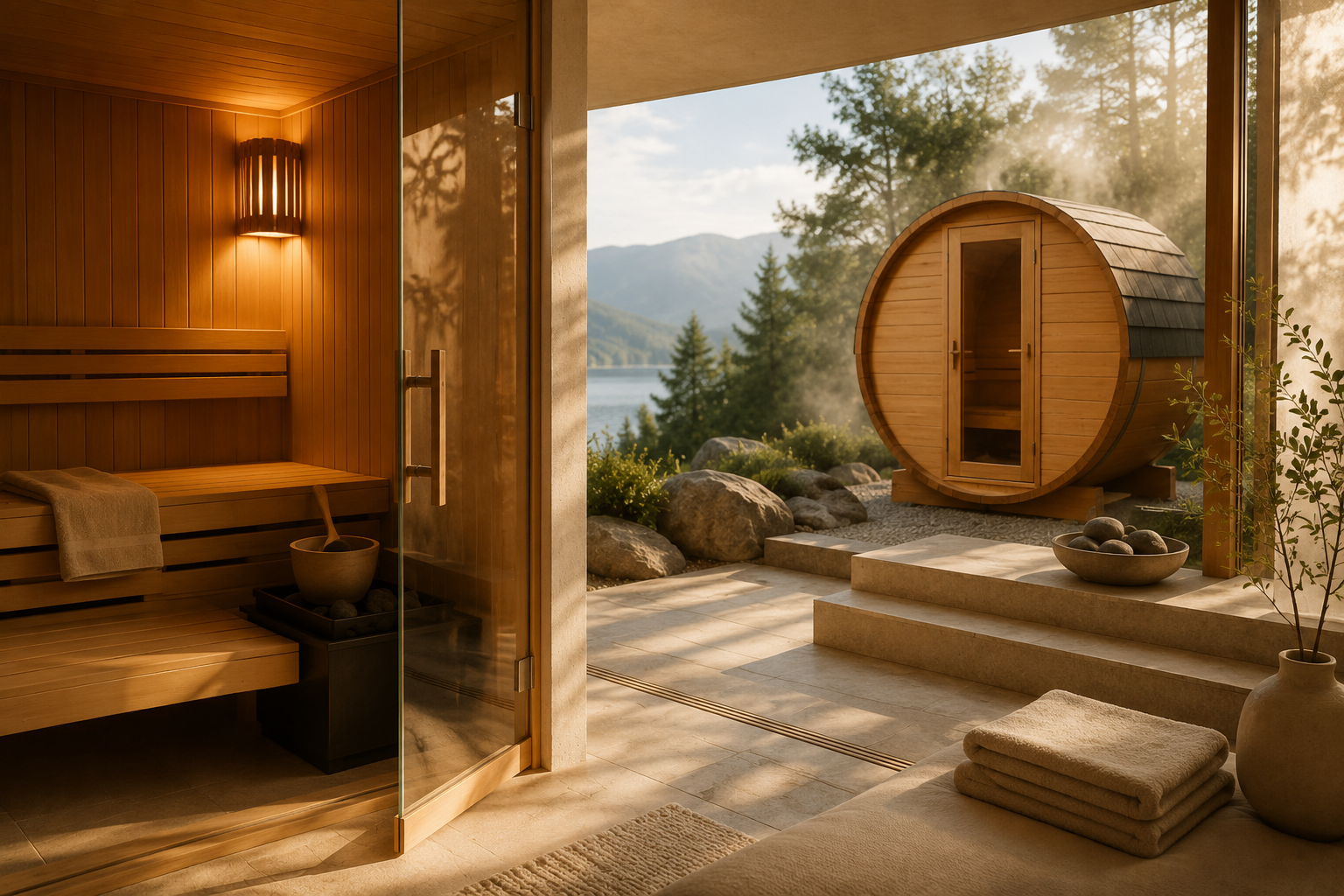 Indoor traditional sauna with glass door opening to an outdoor barrel sauna in a mountain lakeside setting