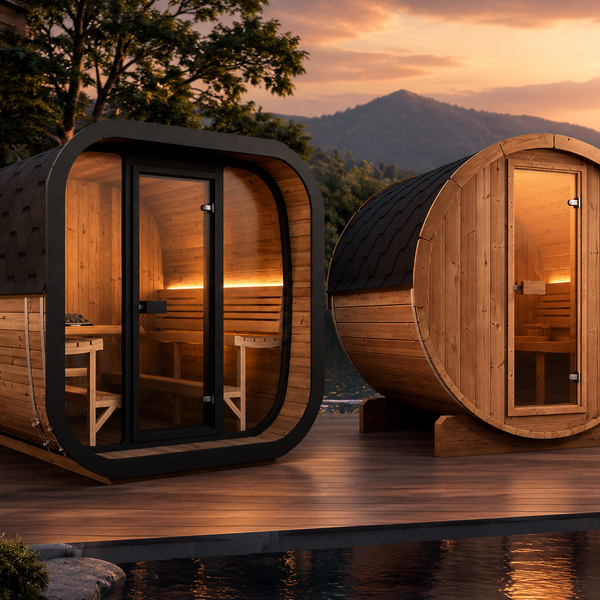 Two outdoor saunas on a lakeside deck at sunset — a modern cube sauna with panoramic glass door and a classic cedar barrel sauna with mountain views