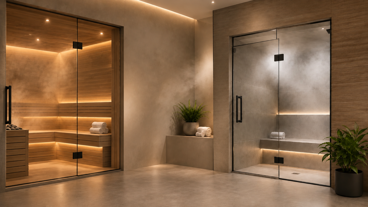 home steam sauna systems with modern design and serene ambiance, featuring glass doors and warm lighting.