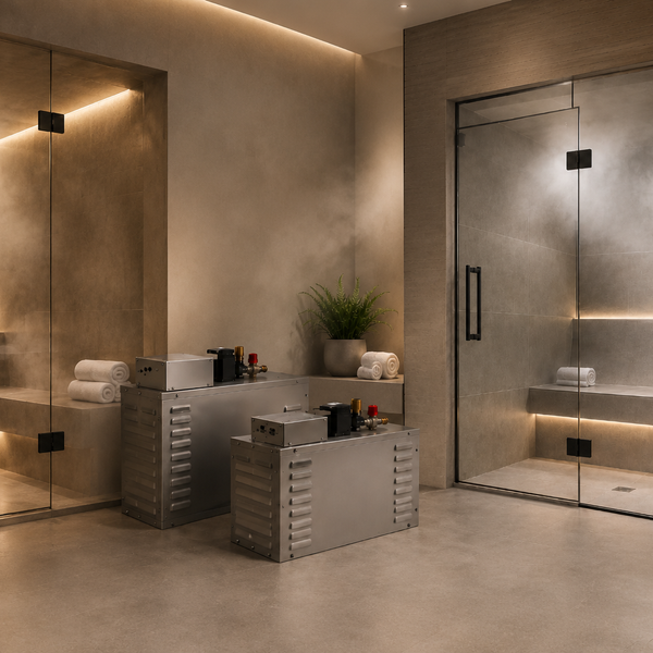 Luxury home wellness room featuring a steam sauna with glowing amber light and a glass-door steam shower, with a stainless steel steam generator in the foreground