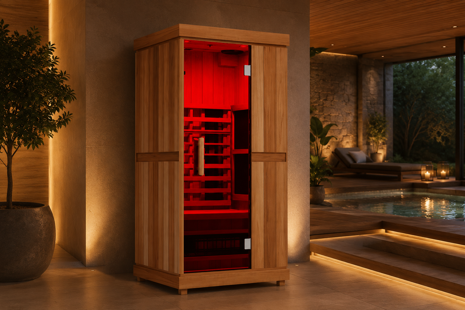 infrared sauna with red light in a luxury lifestyle.