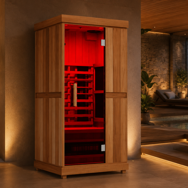 infrared sauna with red light in a luxury lifestyle.