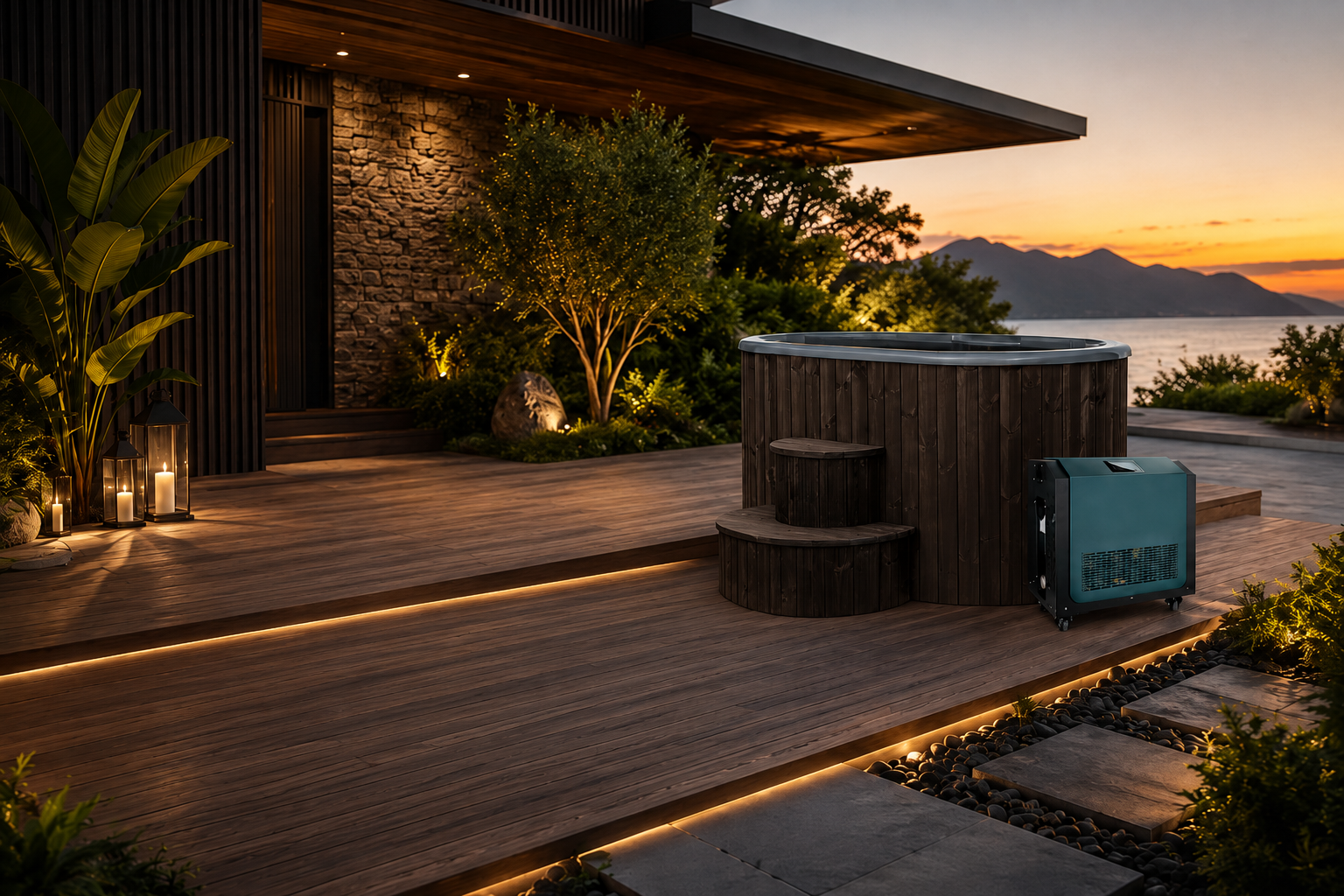 Round wooden cold plunge tub with chiller unit on an illuminated deck overlooking the ocean at sunset, surrounded by tropical landscaping and candlelight