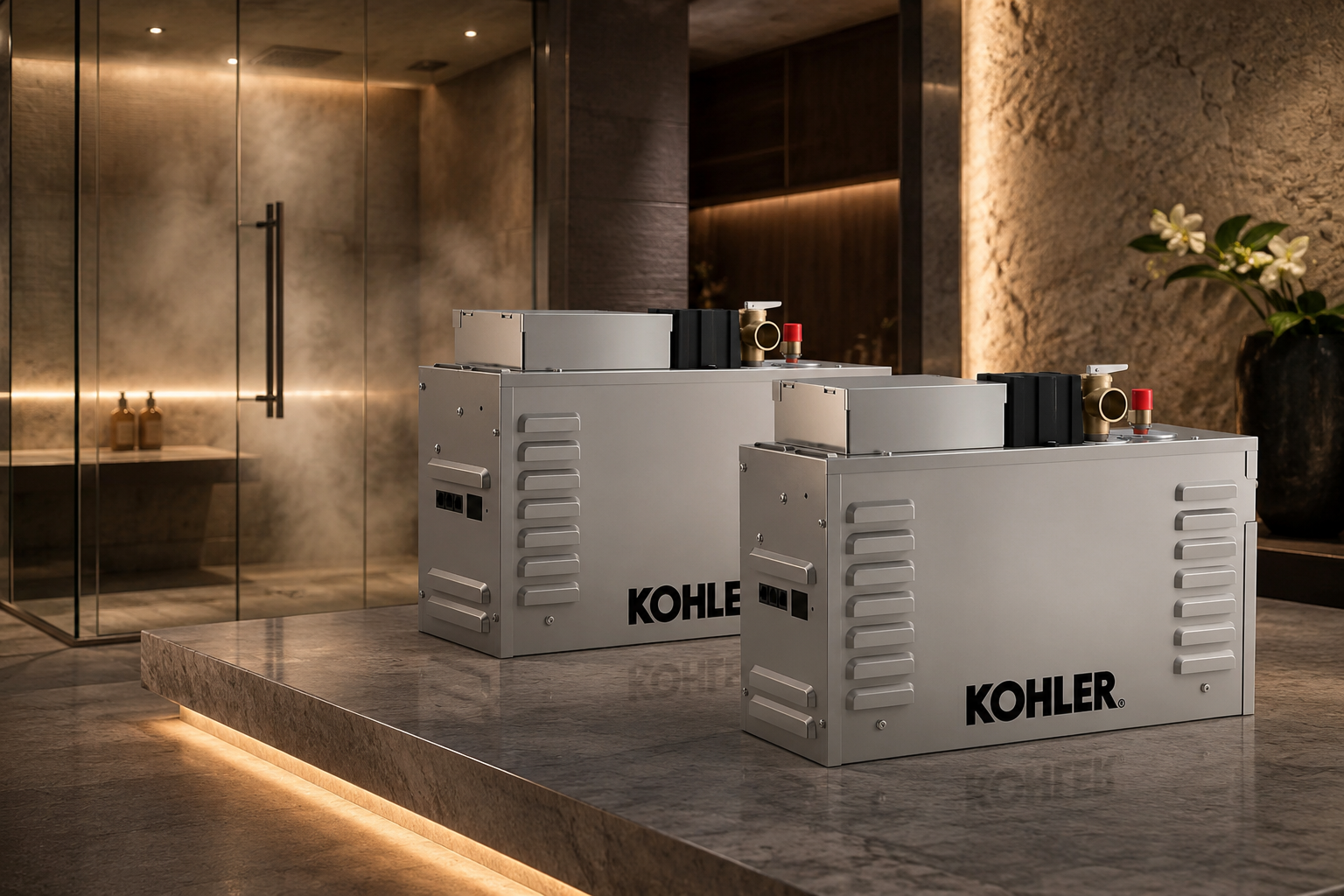 Steam generator in front of a steam shower.