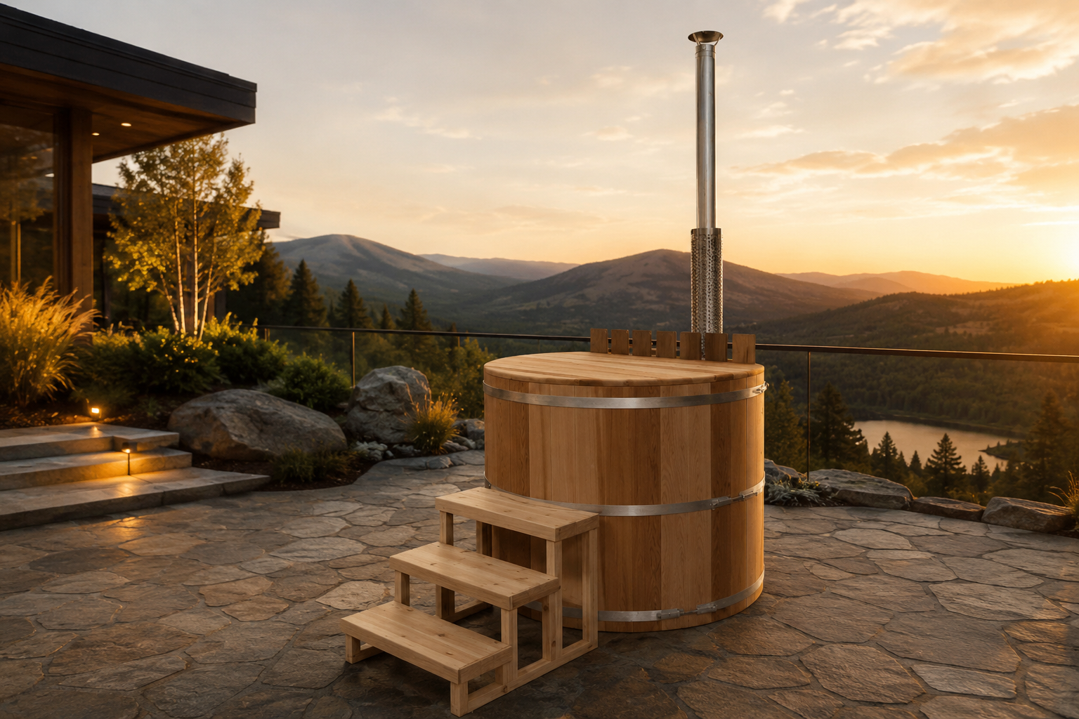 Cedar wood-fired hot tub with stainless steel chimney and entry steps on a stone patio overlooking a mountain valley and lake at sunset