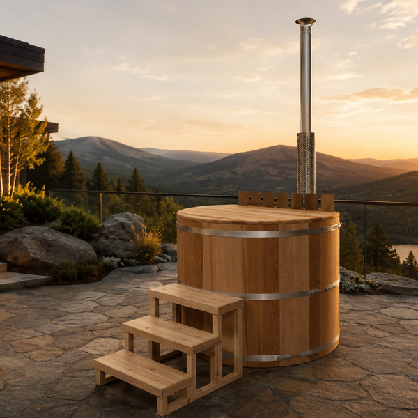 Cedar wood-fired hot tub with stainless steel chimney and entry steps on a stone patio overlooking a mountain valley and lake at sunset