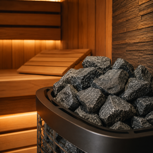 close up view of stones in a wooden sauna