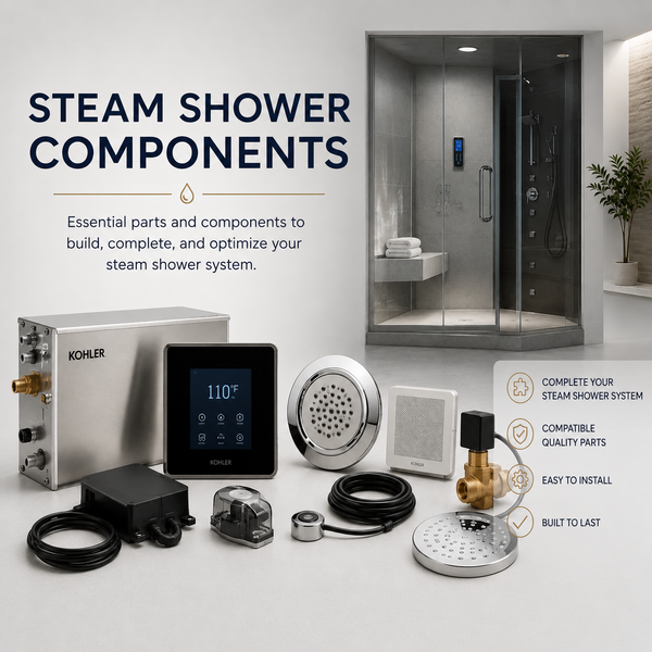 Kohler steam shower components including generator, digital control, steam head, and accessories