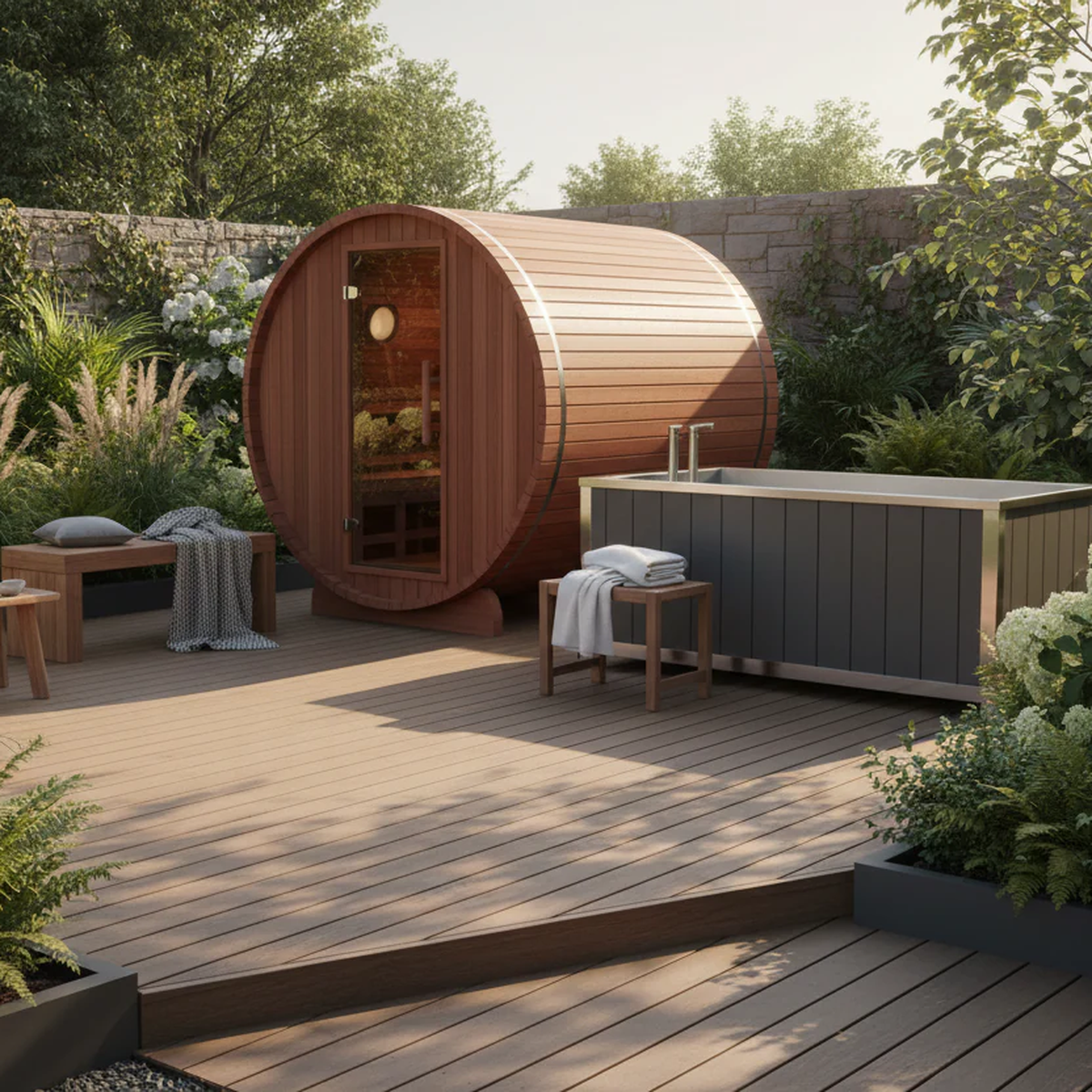 Outdoor contrast therapy setup with a cedar barrel sauna and cold plunge tub on a wood deck surrounded by gardens