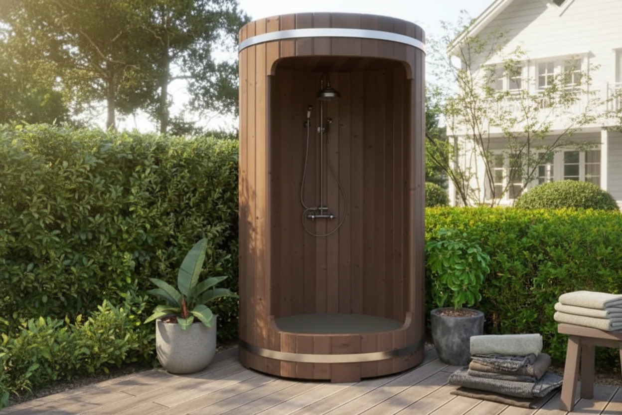 Outdoor shower with natural wood surround in a garden setting
