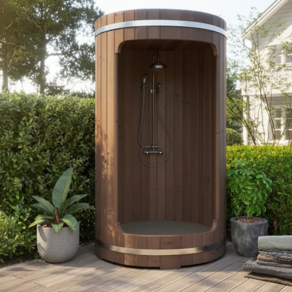 Outdoor shower with natural wood surround in a garden setting