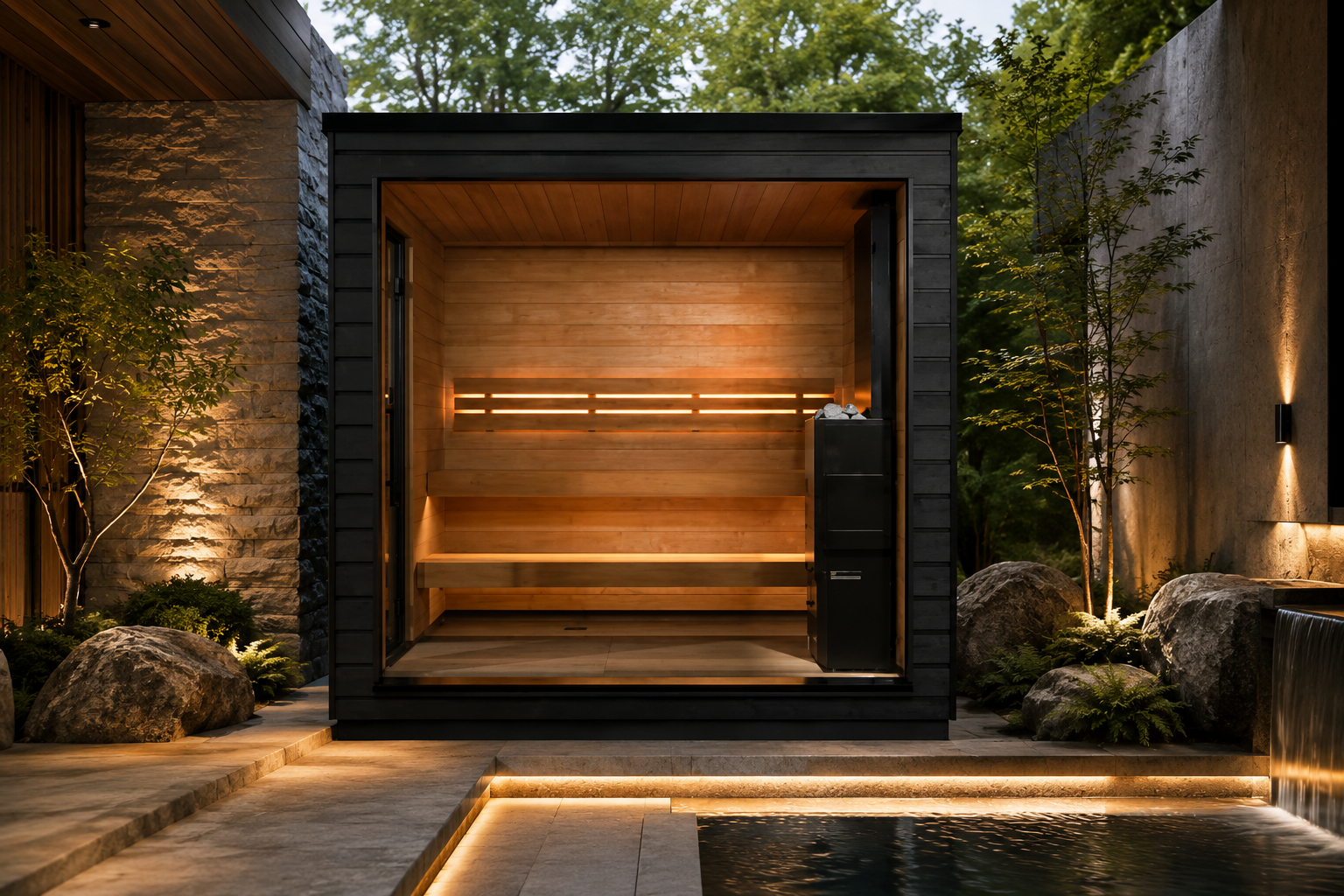 Outdoor sauna with black exterior and cedar interior benches, set in a Japanese-inspired garden with stone walls, ferns, and a reflecting pool at dusk.