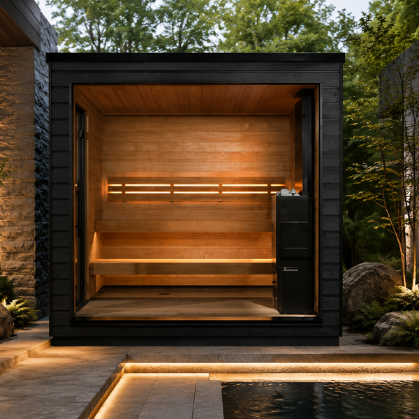 Outdoor sauna with black exterior and cedar interior benches, set in a Japanese-inspired garden with stone walls, ferns, and a reflecting pool at dusk.