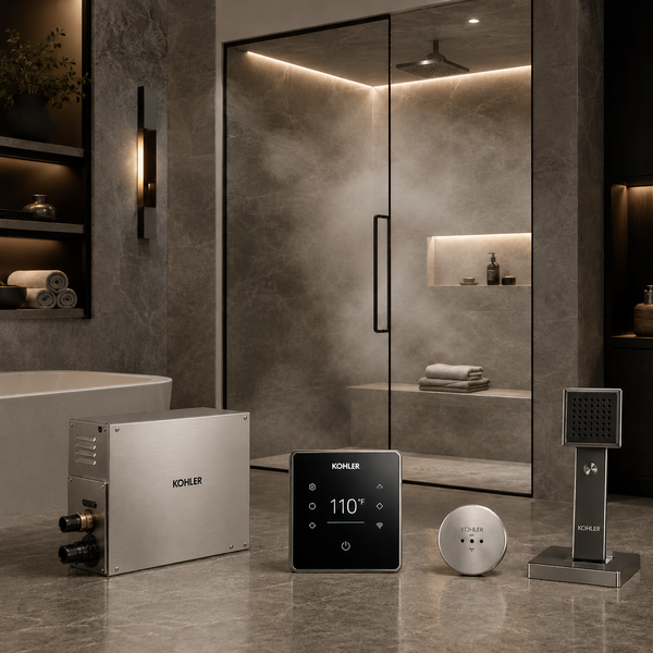 Kohler steam generator, digital control panel, steam head, and accessories displayed in front of a modern steam shower