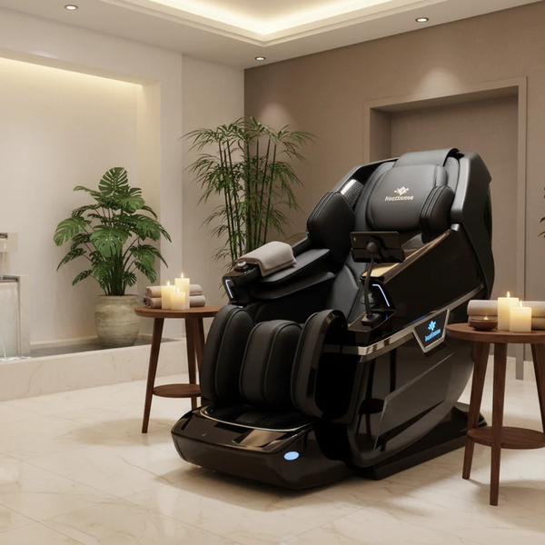 Luxury black massage chair in a modern home wellness room with plants and candles