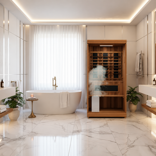 Cedar steam sauna cabinet with steam in a modern luxury bathroom