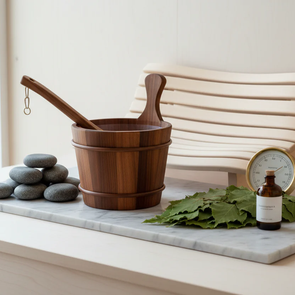 Sauna accessories including wooden bucket, ladle, backrest, stones, whisk, thermometer, and essential oil