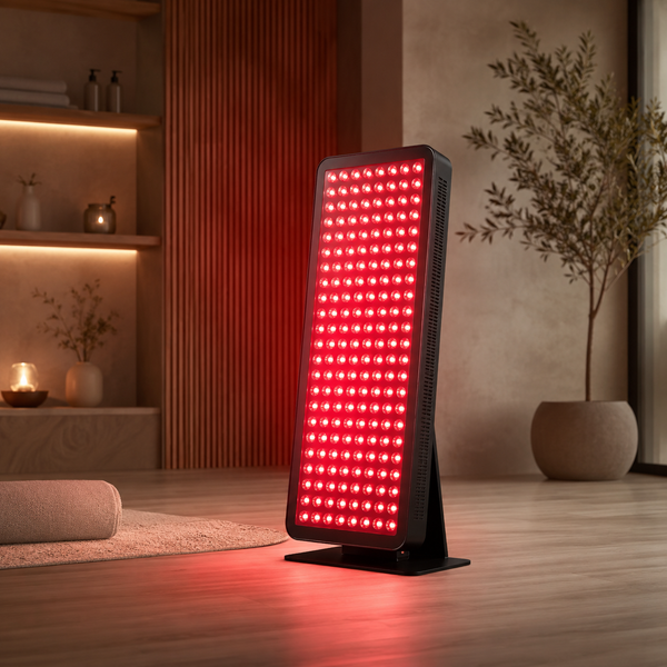 Premium red light therapy devices displayed in a modern wellness space with red LED light.
