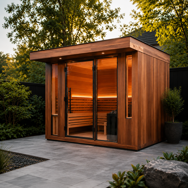 outdoor sauna in a lush backyard