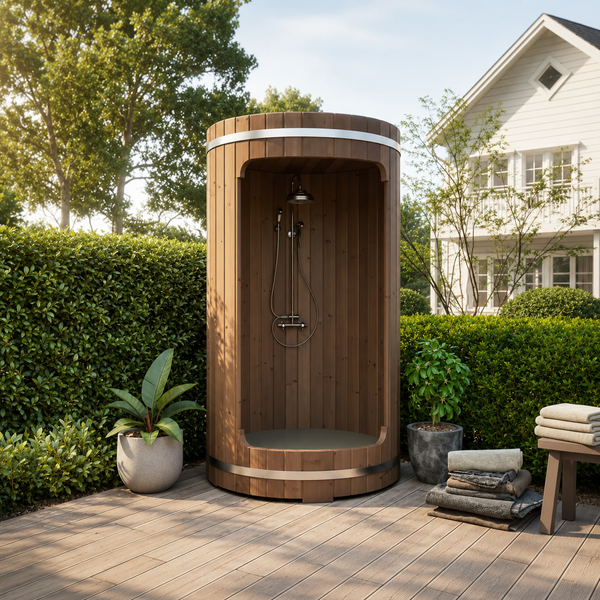 Outdoor barrel showers: premium cedar barrel shower in a backyard setting, perfect for wellness routines.