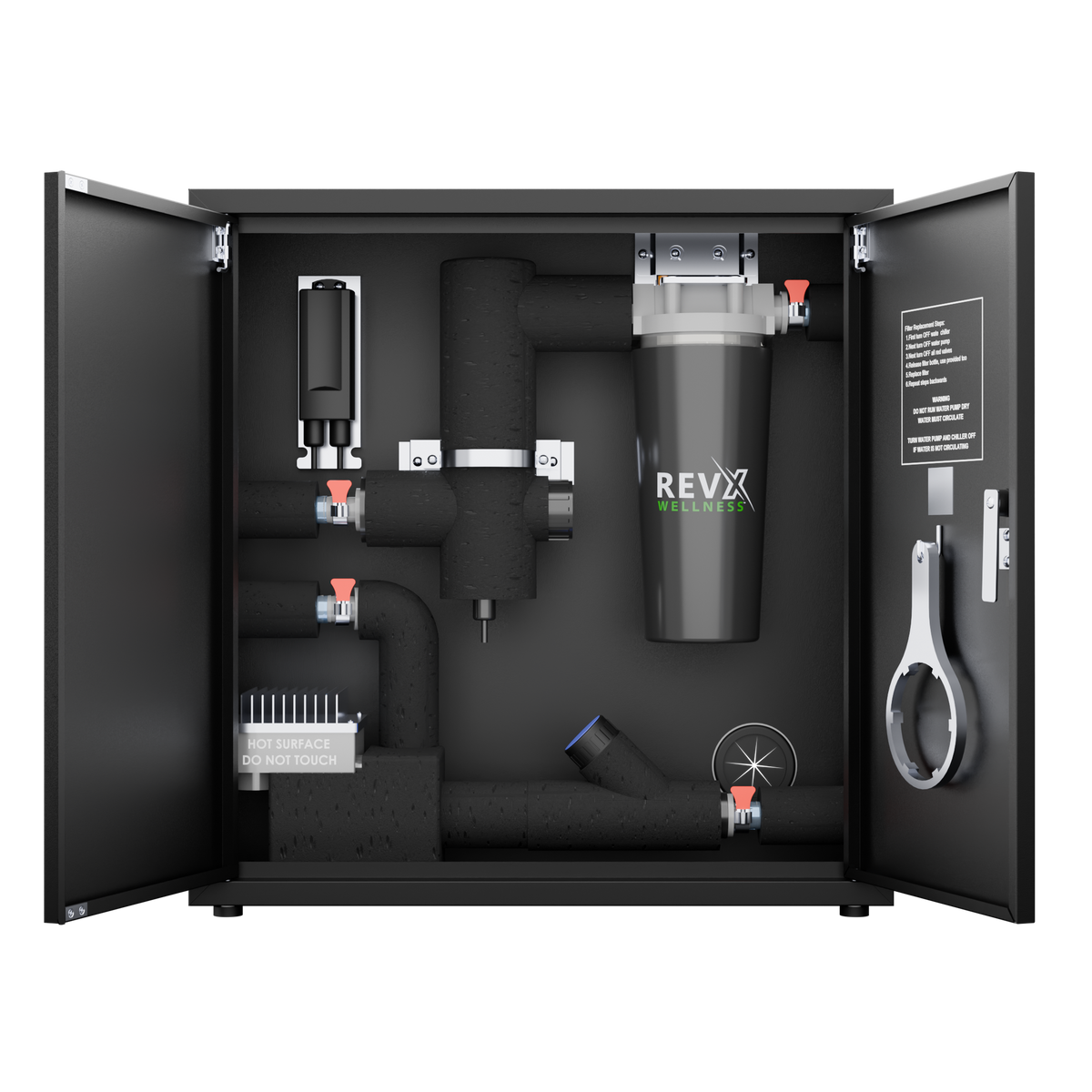 RevX X-FLOW cabinet interior showing pump and filter