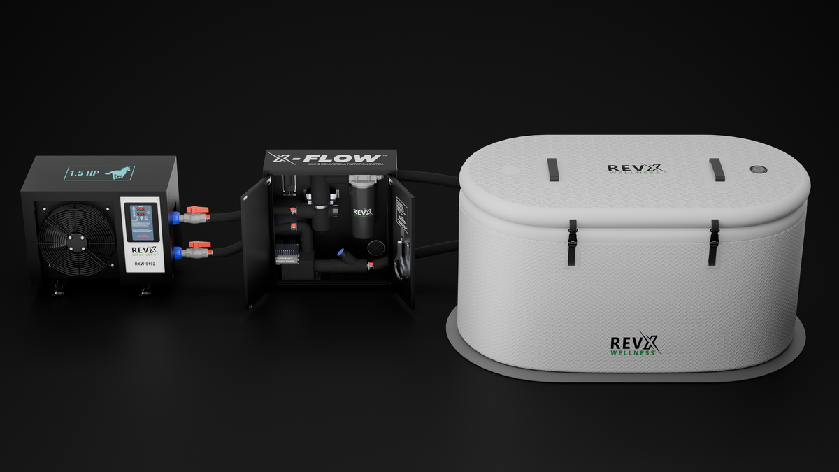 RevX chiller and filtration setup with an inflatable cold plunge