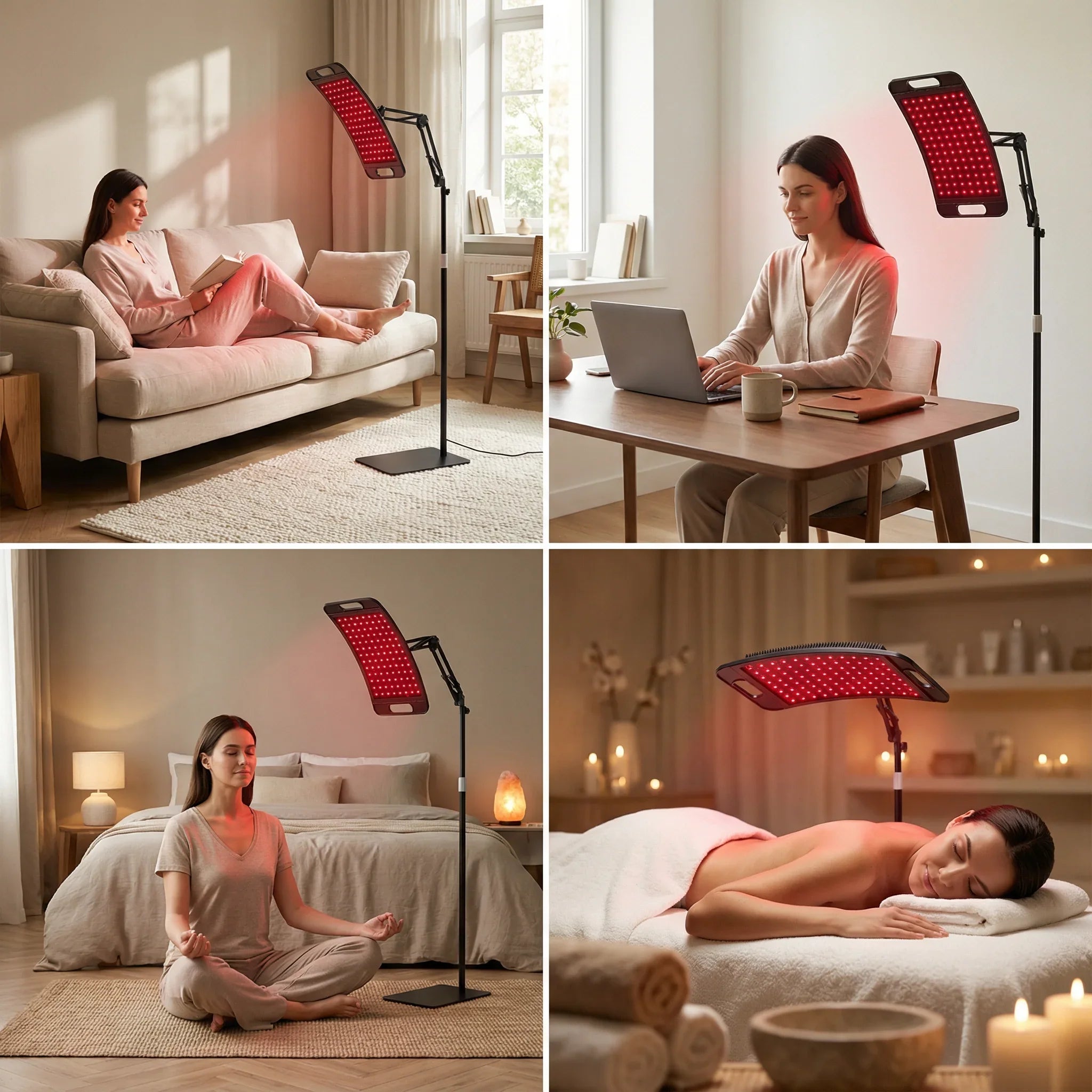 Red light therapy device used in various settings including a living room, office, bedroom, and massage parlor.