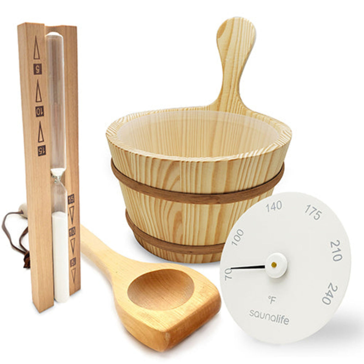 SaunaLife Essentials Set 1 wood sauna bucket and ladle – view 1