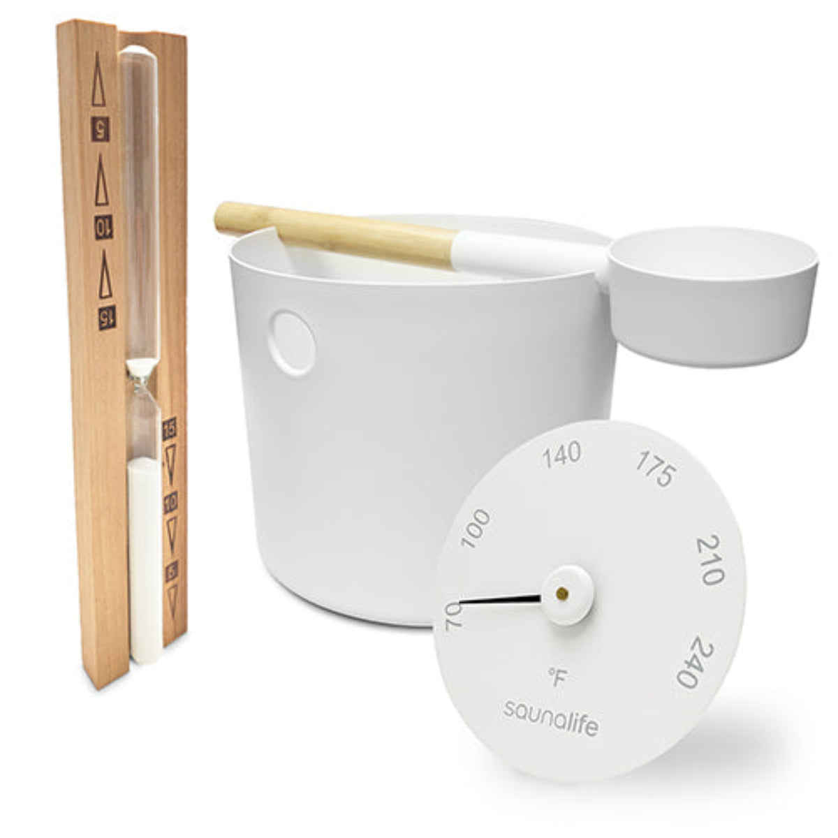 SaunaLife Essentials Set 2 Aluminum Sauna Bucket and Ladle Set w/ Sand Timer and Thermometer in white
