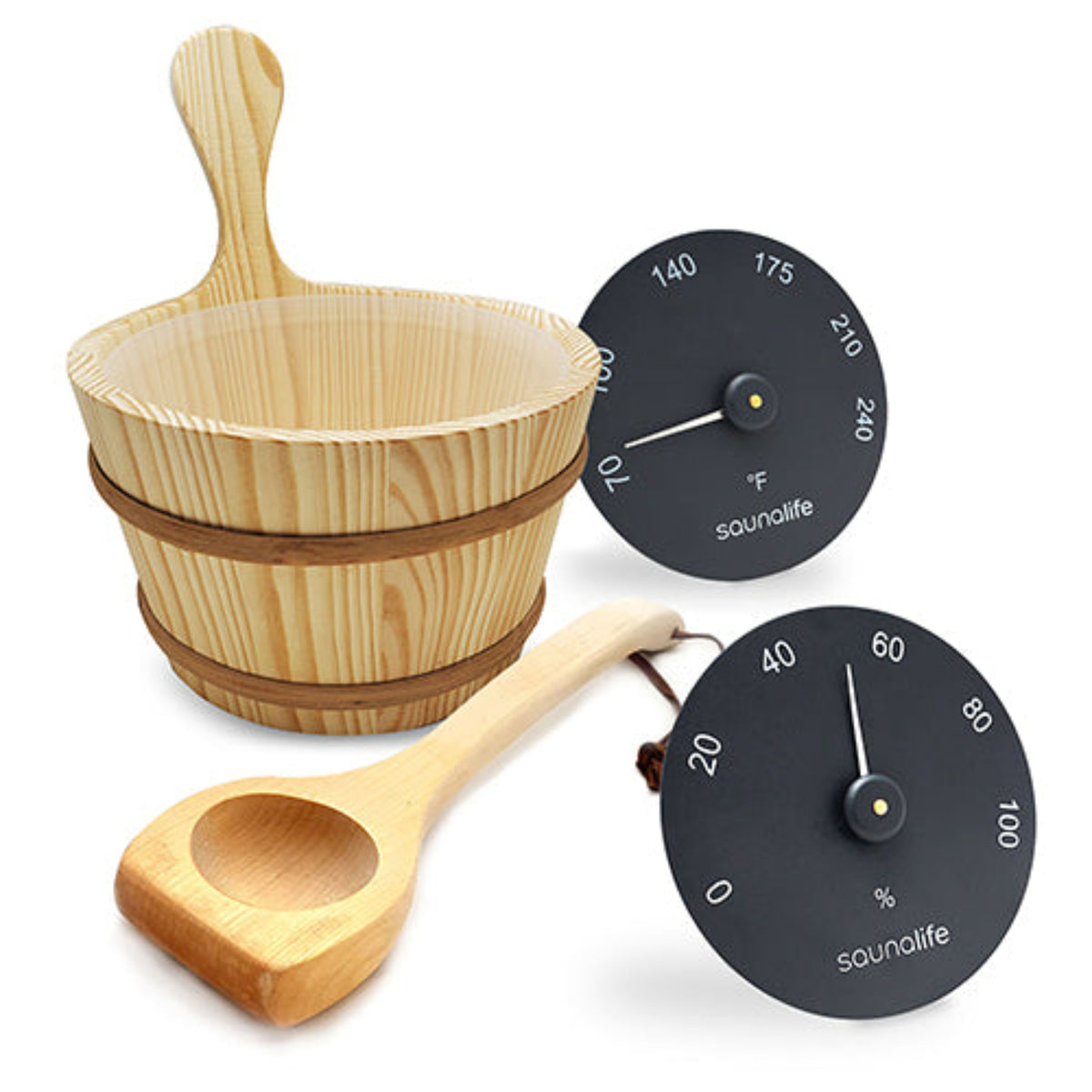 Wood Sauna Bucket and Ladle Set w/ Black Thermometer and Hygrometer