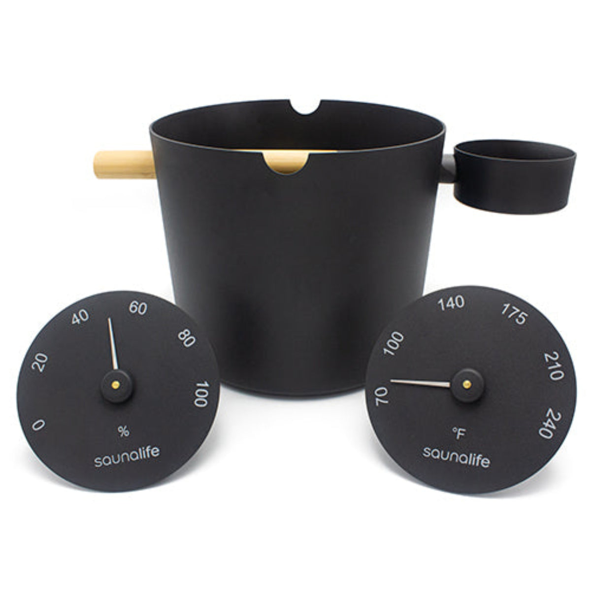 SaunaLife Essentials Set 5 Aluminum Sauna Bucket and Ladle Set w/ Black Thermometer and Hygrometer