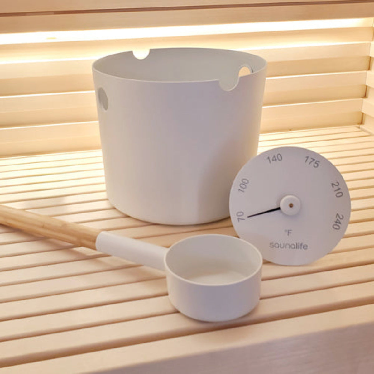 SaunaLife Essentials Set 6 Aluminum Sauna Bucket and Ladle Set w/ Thermometer white on wooden sauna bench