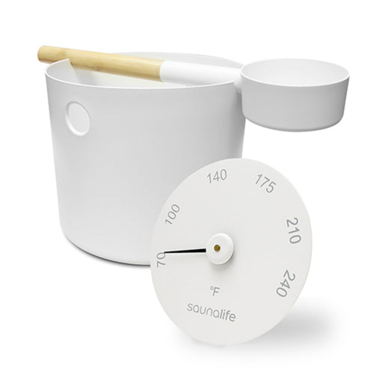 SaunaLife Essentials Set 6 Aluminum Sauna Bucket and Ladle Set w/ Thermometer in white