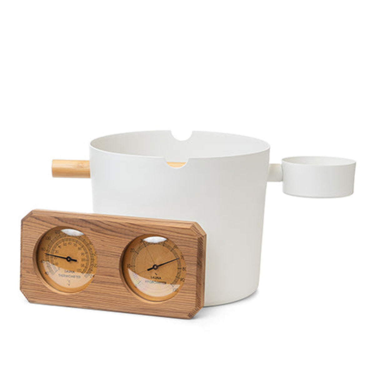 SaunaLife Essentials Set 7 white
Aluminum Sauna Bucket and Ladle Set w/ Wood Thermometer and Hygrometer