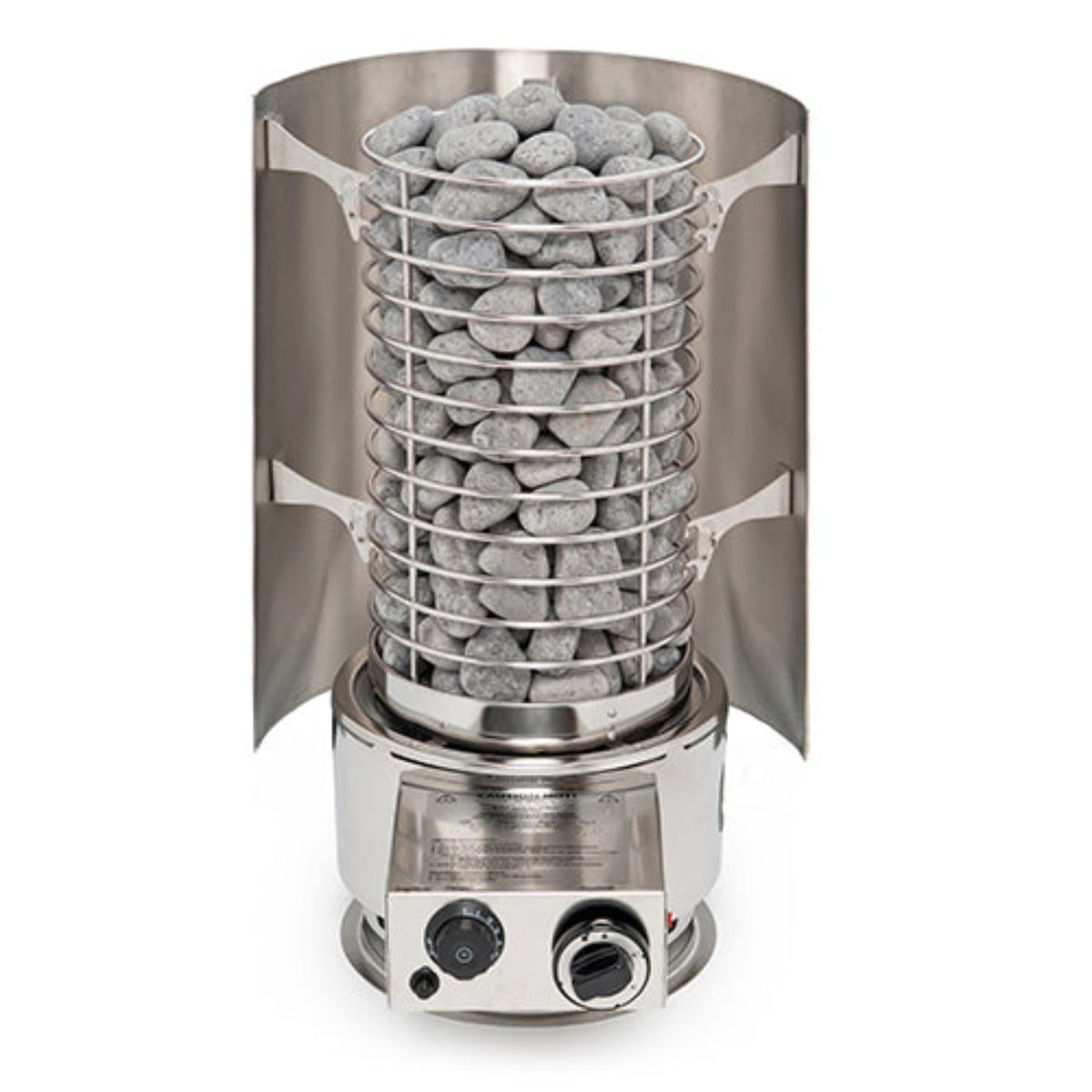 A stainless steel portable propane heater filled with gray heated stones, with the Titan shield around it shown on a plain white background.