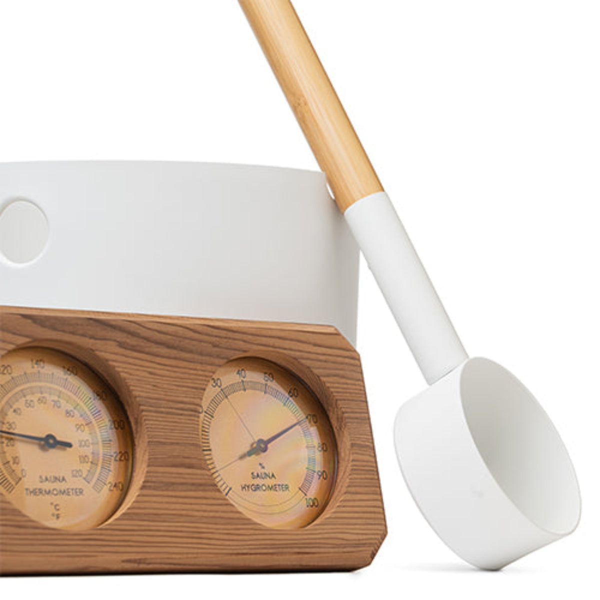 SaunaLife Essentials Set 7 white with
Aluminum Sauna Bucket and Ladle Set w/ Wood Thermometer and Hygrometer