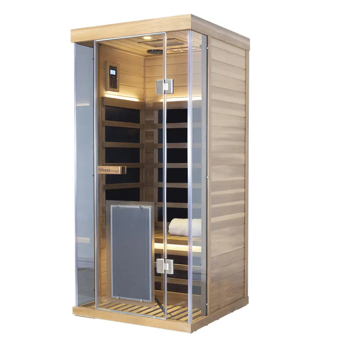 1-person infrared sauna red cedar with glass door and interior lighting, model Wizzisaunas SR01, full-spectrum features.