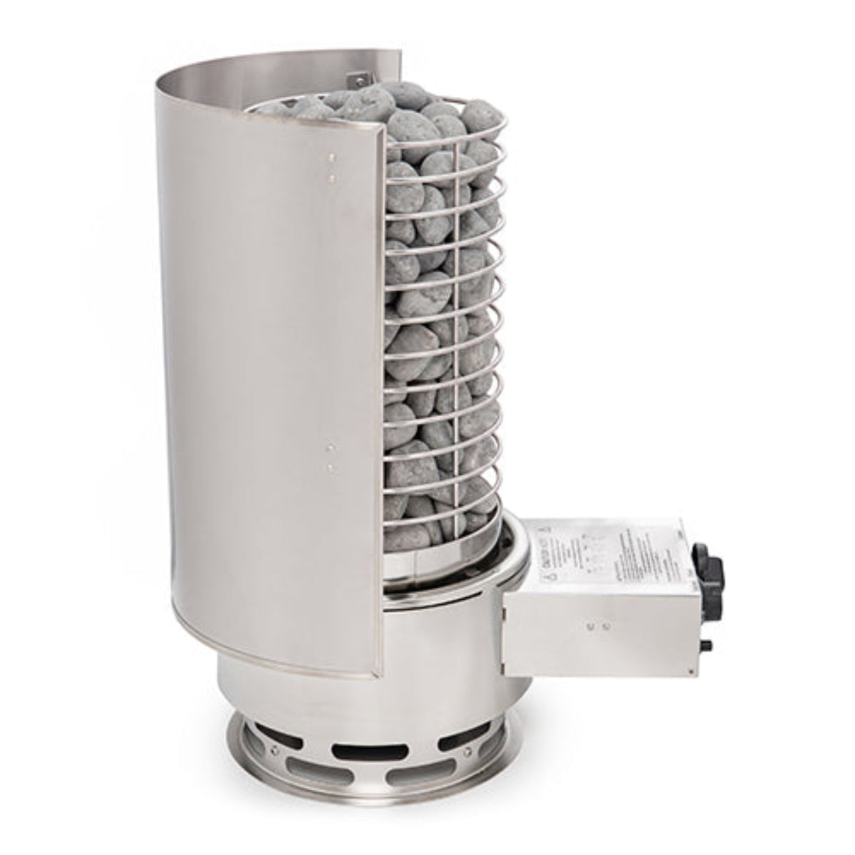 A stainless steell stone heater with a cylindrical chamber filled with gray heating stones, a protective wire cage, and an attached power control box on a white background. Showing the Titan shield around it