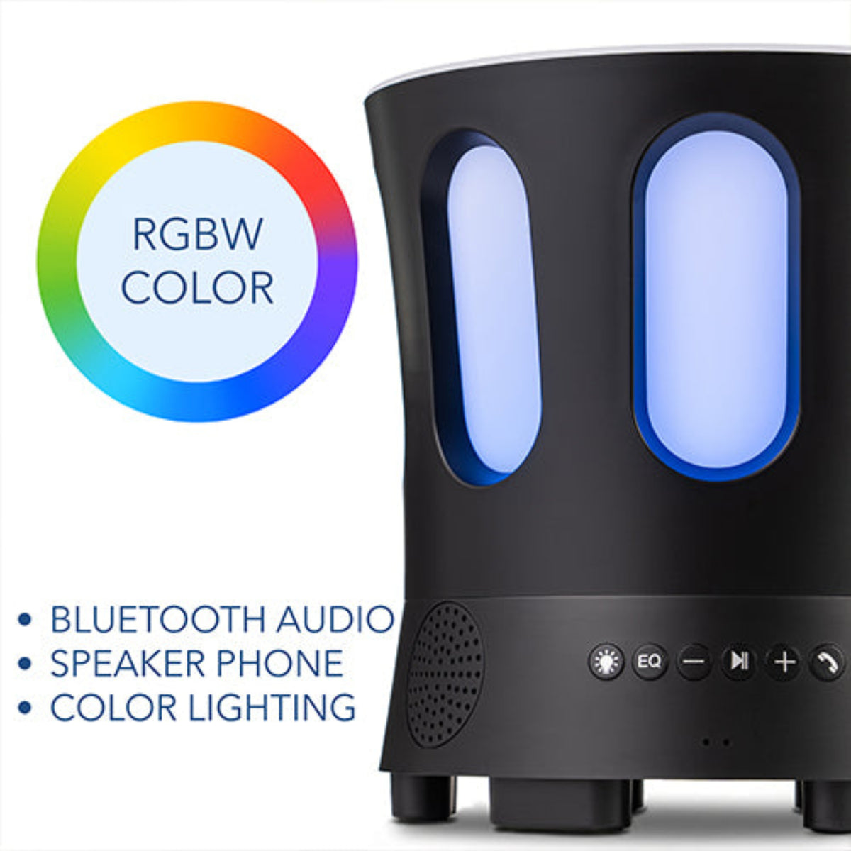 A black Bluetooth speaker with glowing blue LED color lighting, shown alongside a circular graphic indicating RGBW color options and text listing features like Bluetooth audio, speaker phone, and color lighting.