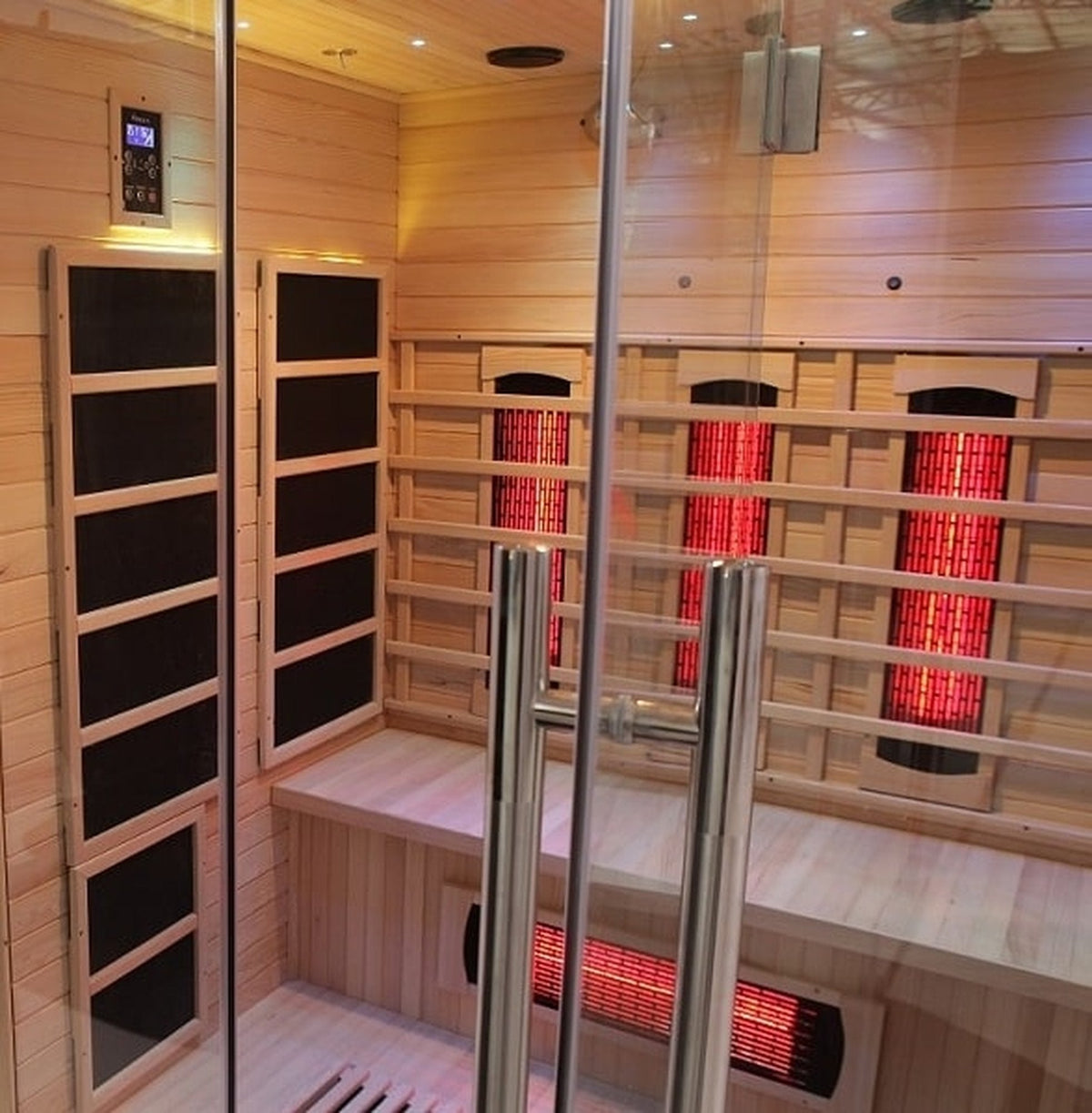 Blisspod Venetian full spectrum infrared sauna interior showcasing low EMF heating panels and relaxing wooden design.