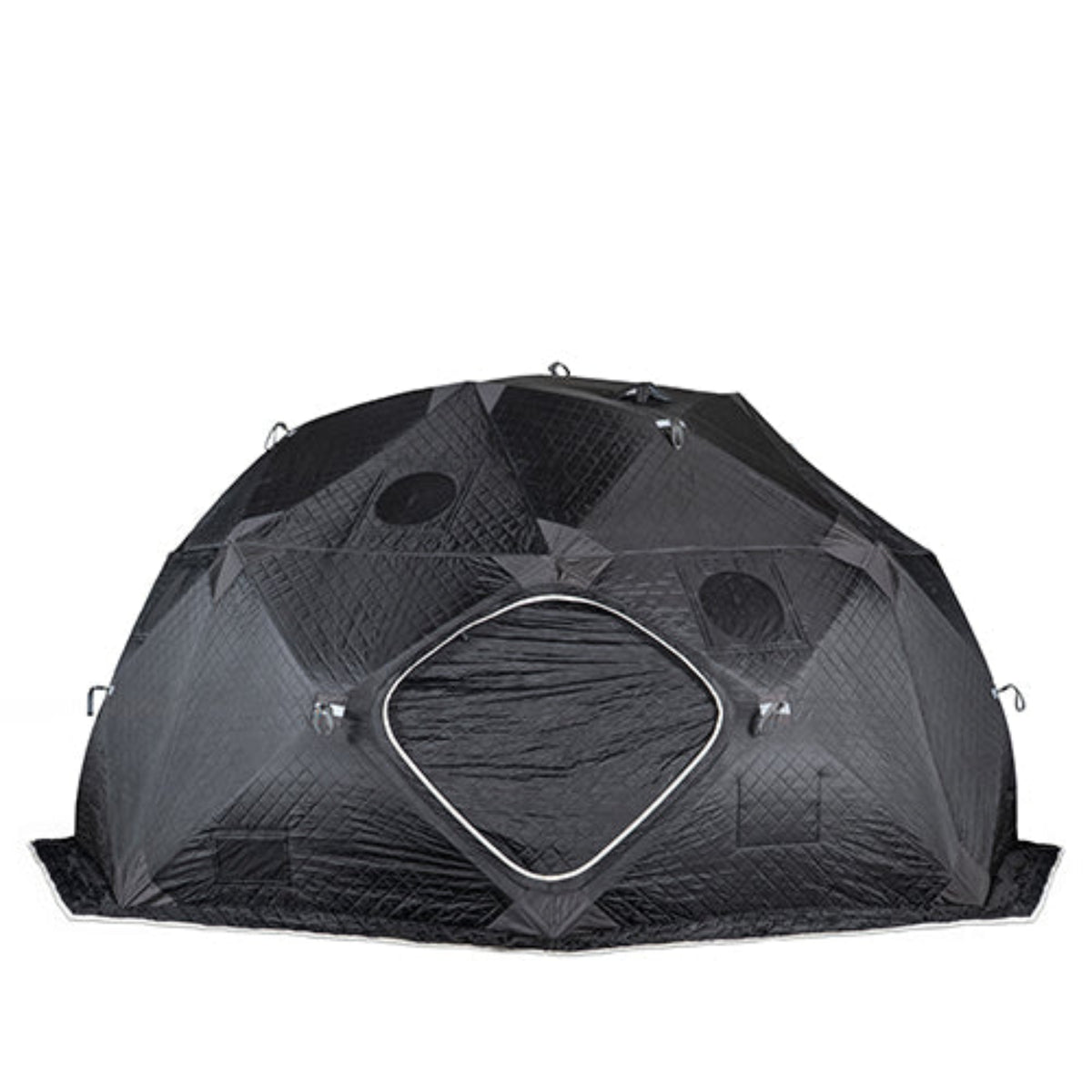 SaunaLife SaunaTrekker XL Portable Sauna Tent with a diamond quilted pattern, featuring a large diamond-shaped window outlined in white trim and circular ventilation holes, shown against a plain white background.