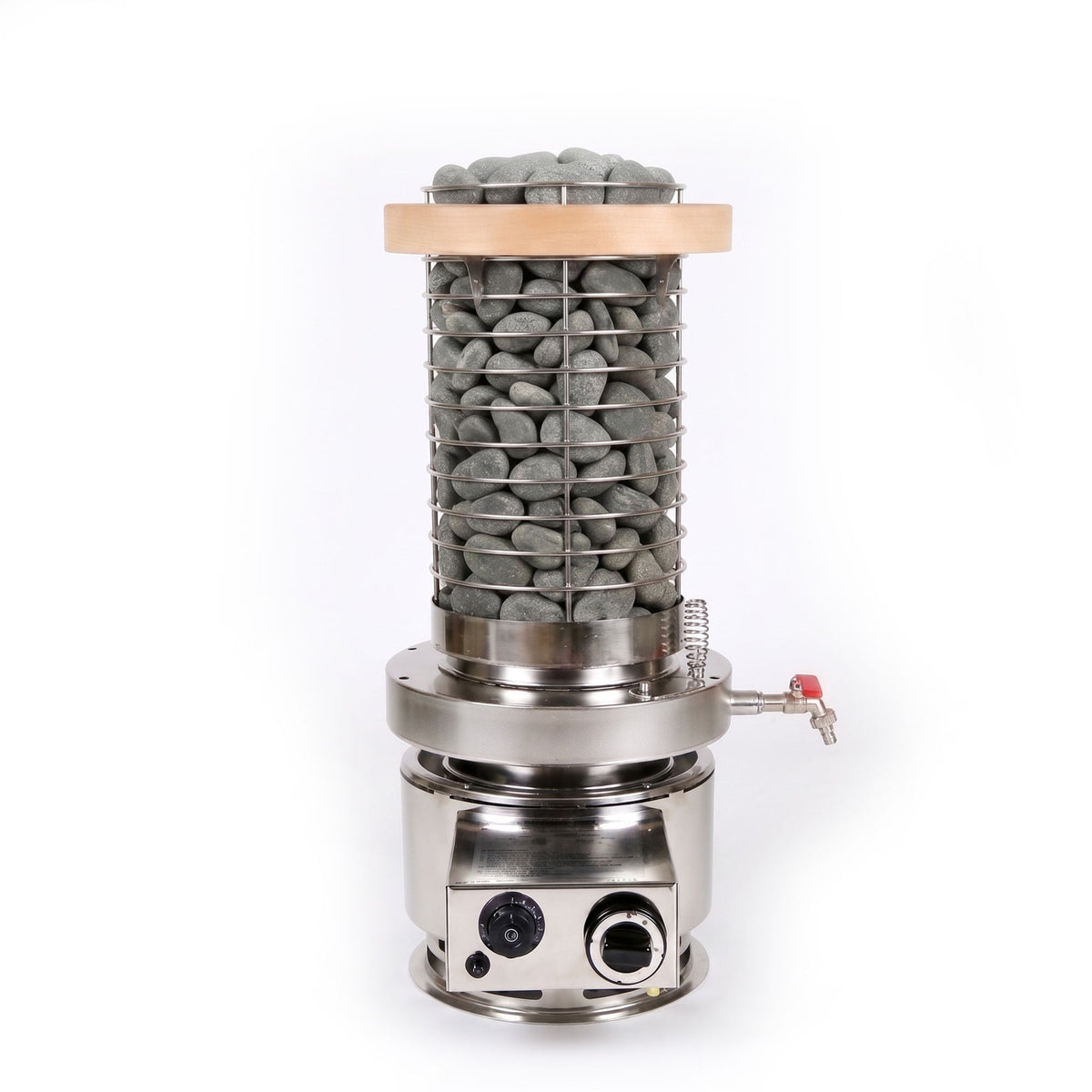 SaunaLife TITAN SL1 Steam-Generating Water Tank shown with a rack filled with stones and a guard on top. 