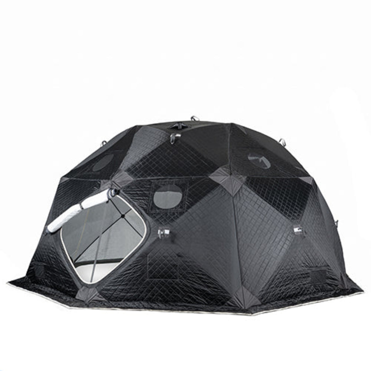 SaunaLife SaunaTrekker XL Portable Sauna Tent with a quilted pattern, featuring a large front window with a white frame and mesh panel, shown on a plain white background.
